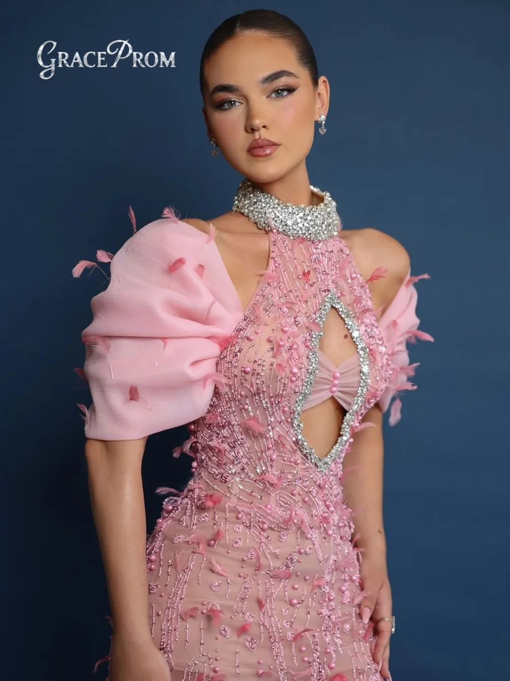 

Luxurious Beaded Tulle Evening Dress Alluring Cut-Out Evening Gown Glistening Feather-Embellished Floor-Length Party Gown Custom