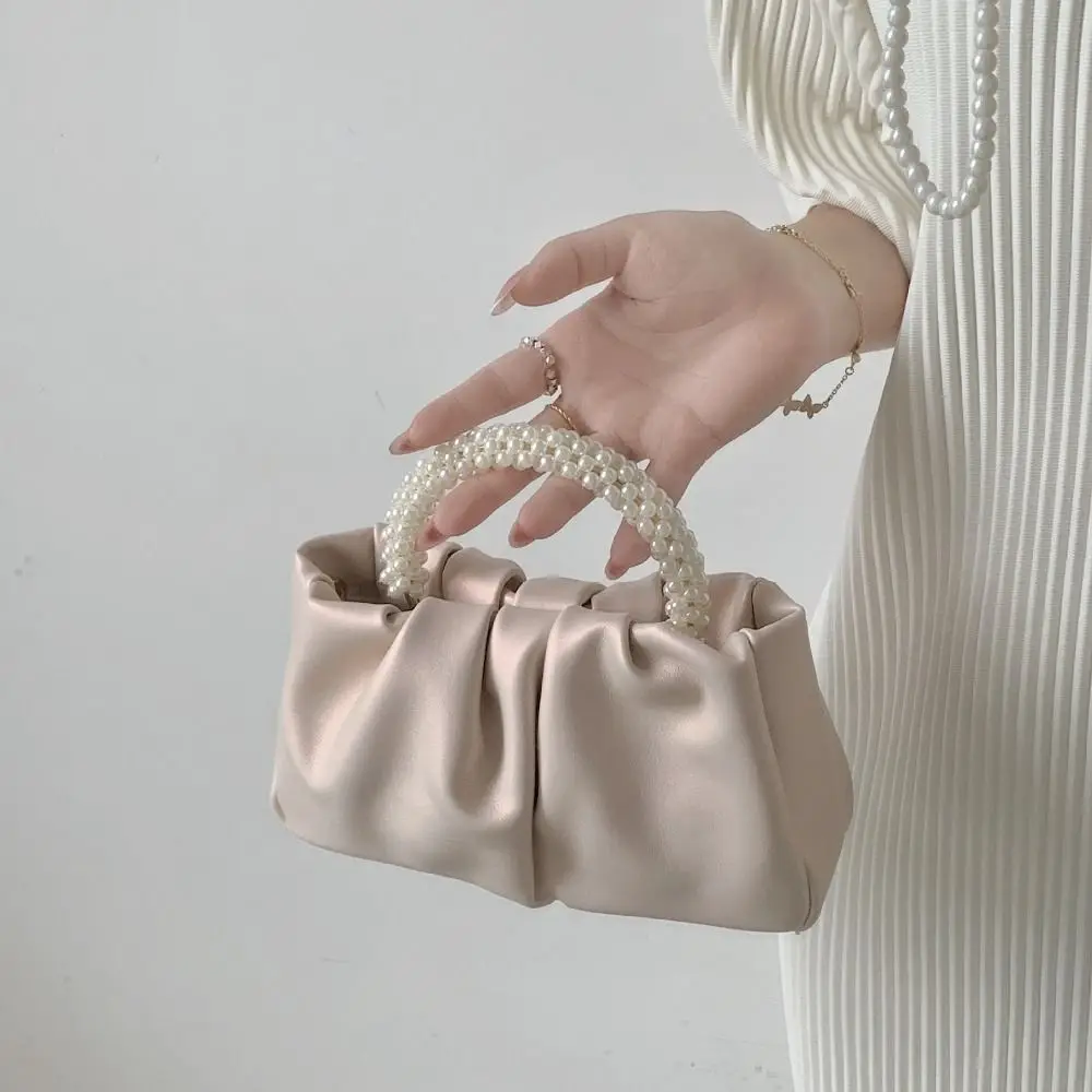 

PU Pleated Cloud Bag Carrying Large Capacity Pearl Handle Handbag Portable Minimalist Women Crossbody Bag Mobile Phone