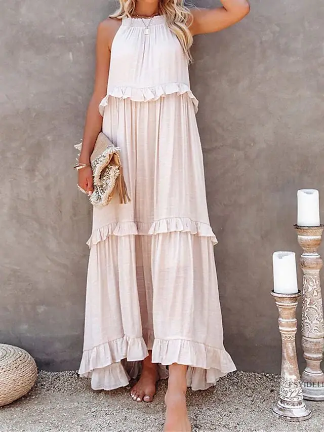 2025Summer Vacation  Long Dress With Large Swaying Flowing Beach Short Sleeves Elegant  Halter SleevelessBeach Party Dress