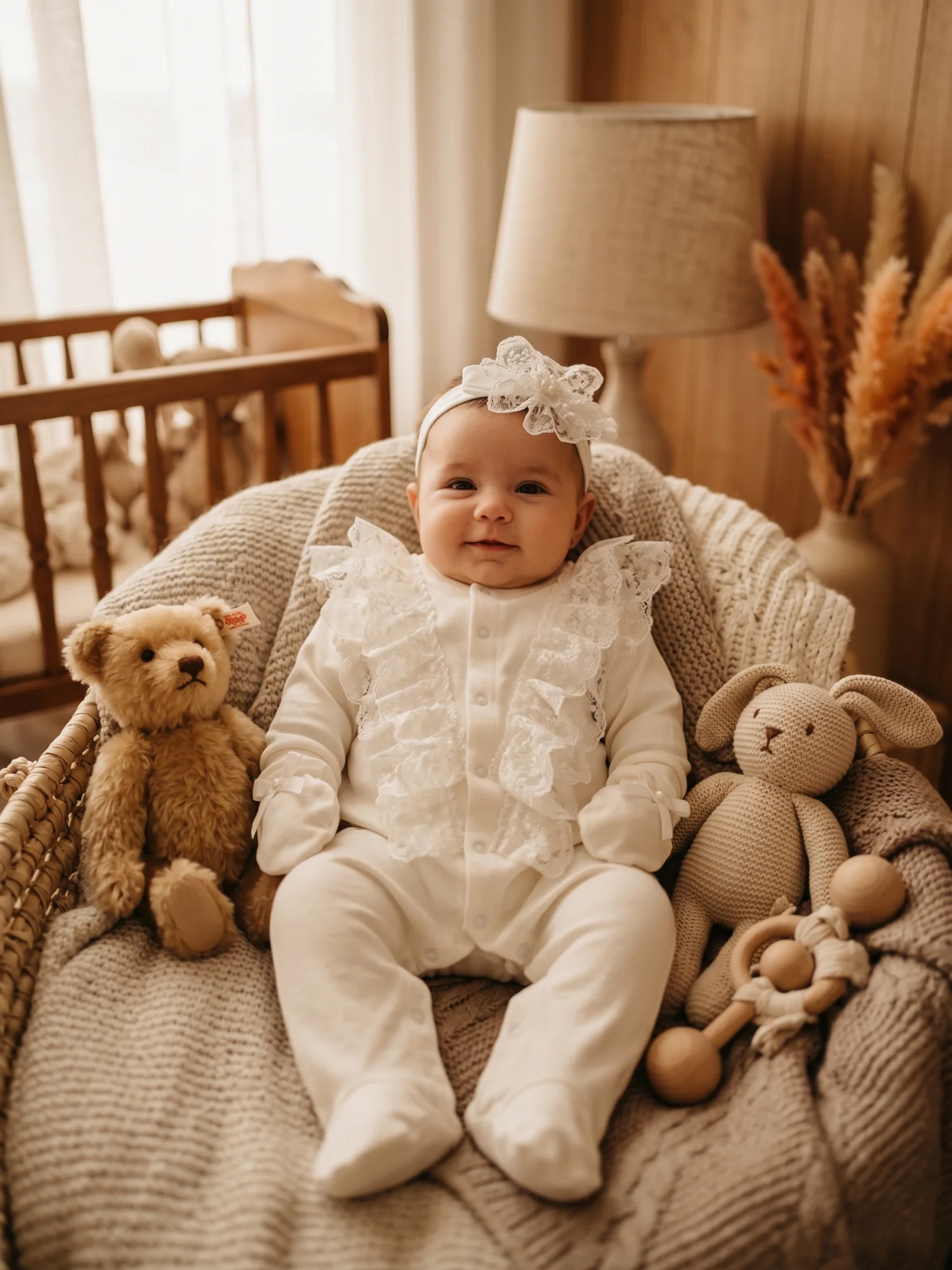 3-teiliges Set für Neugeborene Mädchen zur Taufe: Weicher Baumwoll-Strampler mit Spitze, Stirnband und Booties - Makellose Haptik – Detail 2