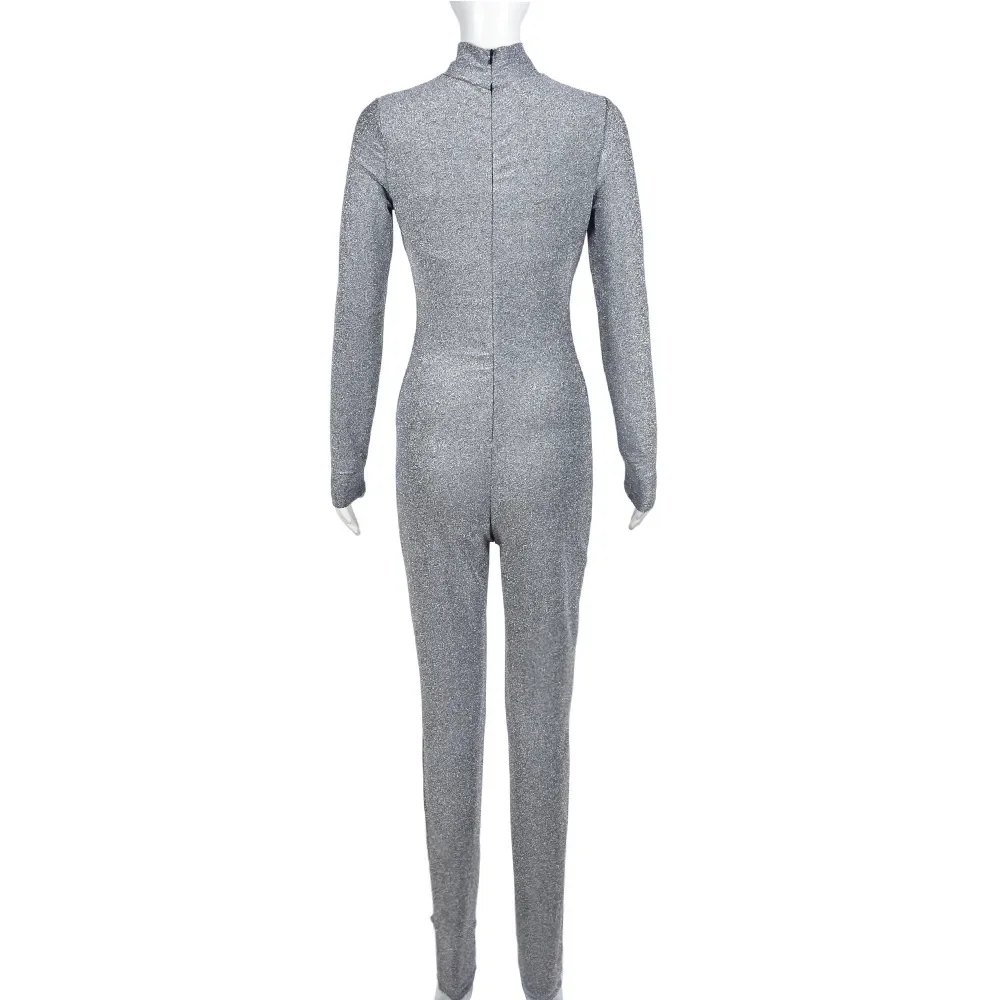 الفضة الترتر الحرير نحيل حللا مع أنبوب المرأة مثير الجوف خارج الياقة المدورة طويلة الأكمام الخوخ الوركين سليم نادي وزرة الحفلات #4