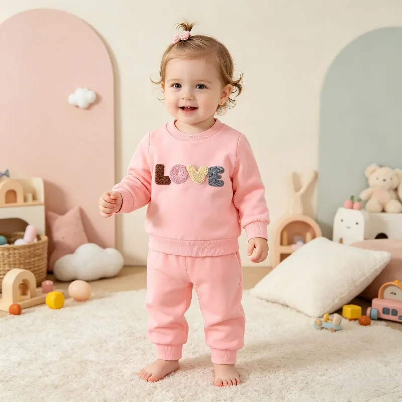 Cute Newborn Infant Toddler Baby Girls Romper Outfit Set Pink Chenille Love Letter Sweatshirt And Jogger Pants 0 36 Months