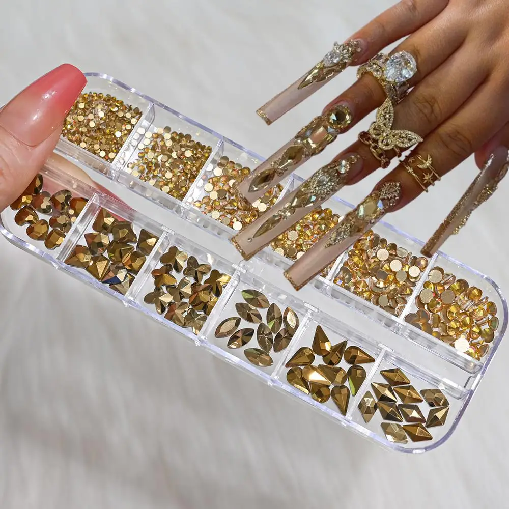 12 Siatek 3D Złote Cyrkonie do Paznokci Mieszane Kształty Okrągłe Serce Kropla Kwadrat Szklane Diamenty Ozdoby do Paznokci DIY Akcesoria do Manicure