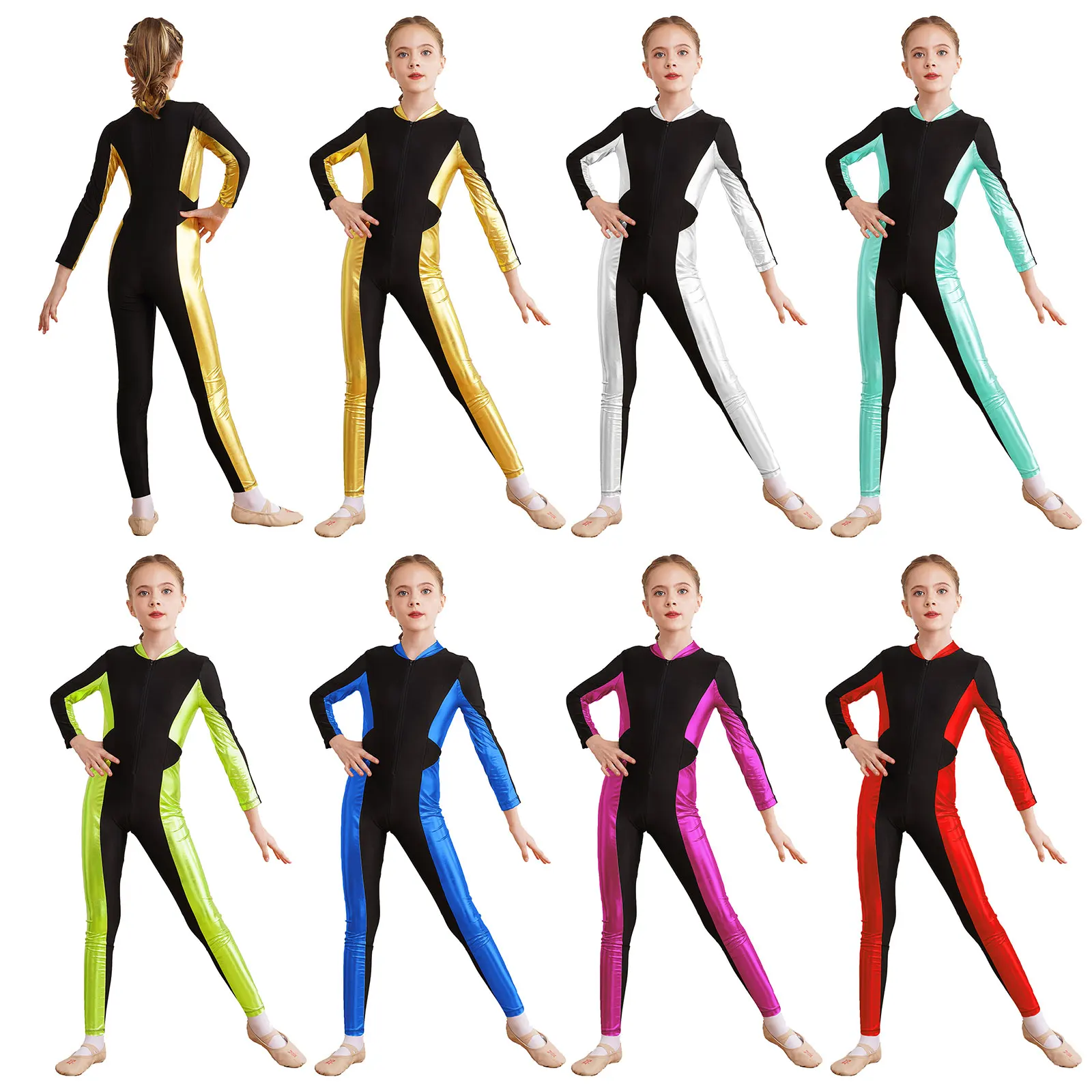 Kids Girls Dance Performance Costumes Metallic Color Block Patchwork Jumpsuit Zipper Stand Collar Long Sleeve Unitard Bodysuits