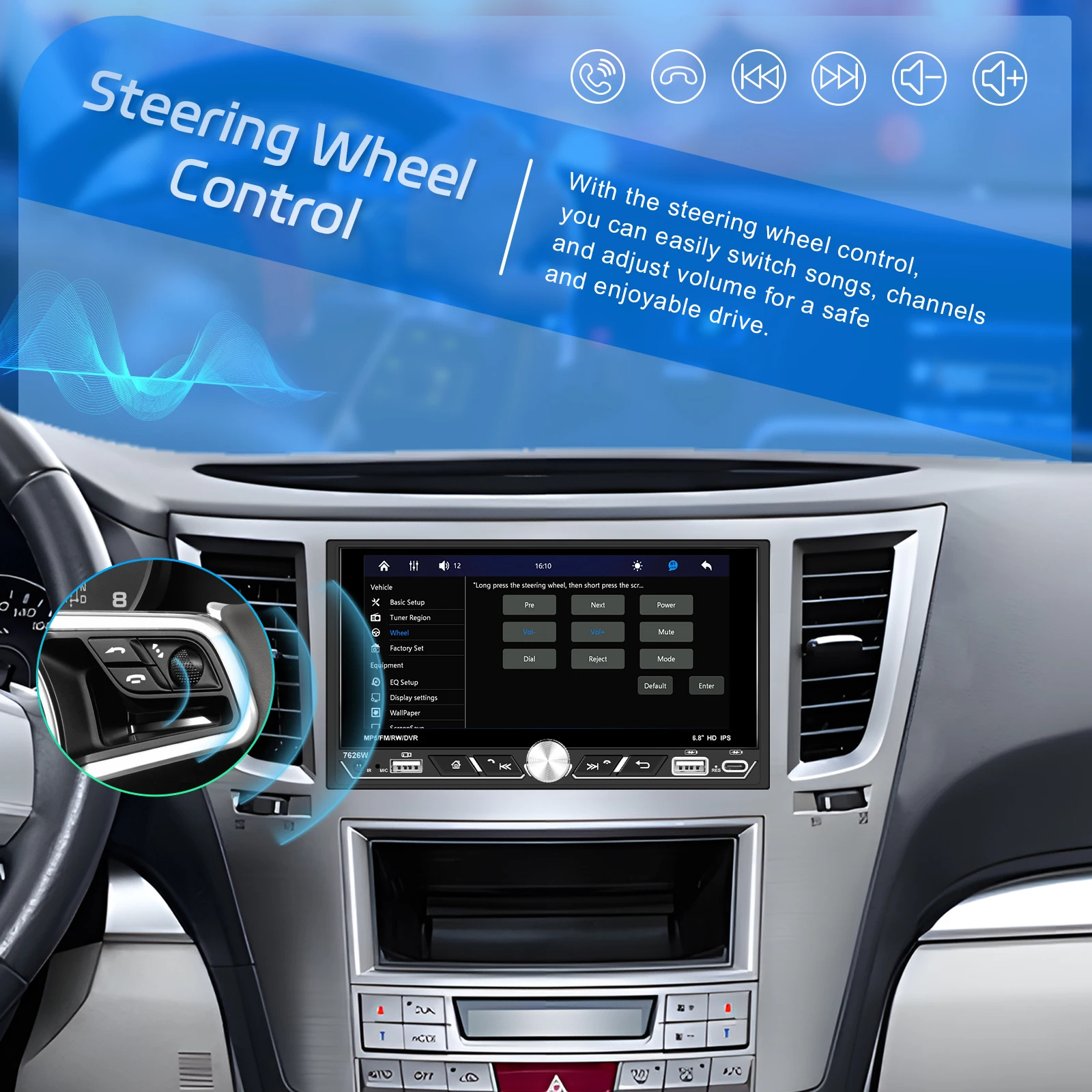 مشغل Hikity 2Din MP5 مقاس 6.8 بوصة مشغل وسائط متعددة لاسلكي Carplay Android Auto Type-C شحن سريع EQ Sound FM/AM/RDS ستيريو للسيارة #4