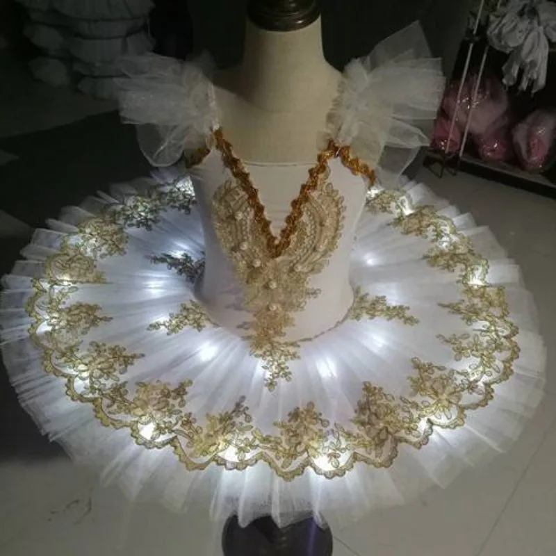 Glittering White Tutu Skirt LED Lights Professional Dance Performances Girls Sparkle Ballerina Party Wear Elegant Puffy Tulle