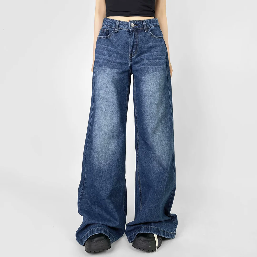 

Low-Rise Ultra-Wide Leg Jeans for Women — Low Waist Palazzo Denim with Dramatic Stacked Hem