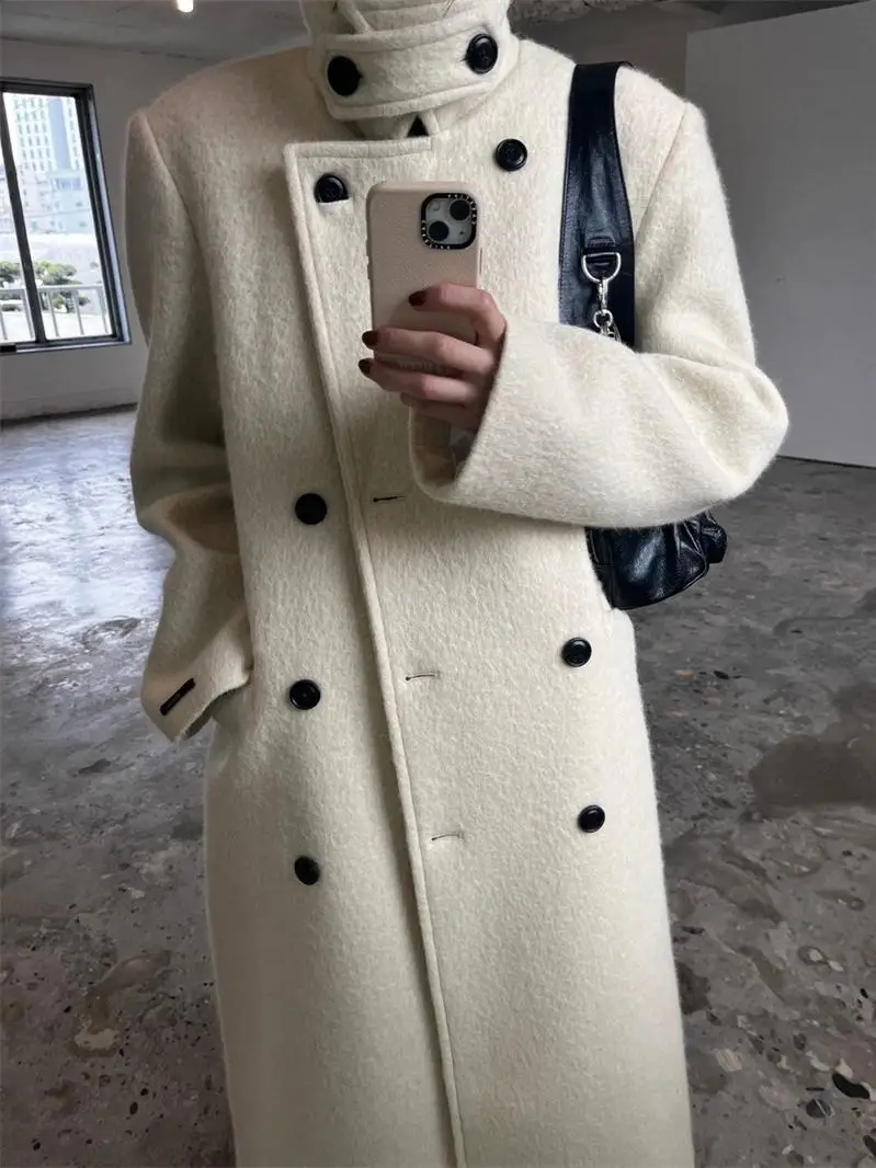   معطف صوفي طويل بأزرار صف مزدوج لندن Sle ملابس خارجية عتيقة للتنقل في الشتاء لون نقي قطع مستقيمة