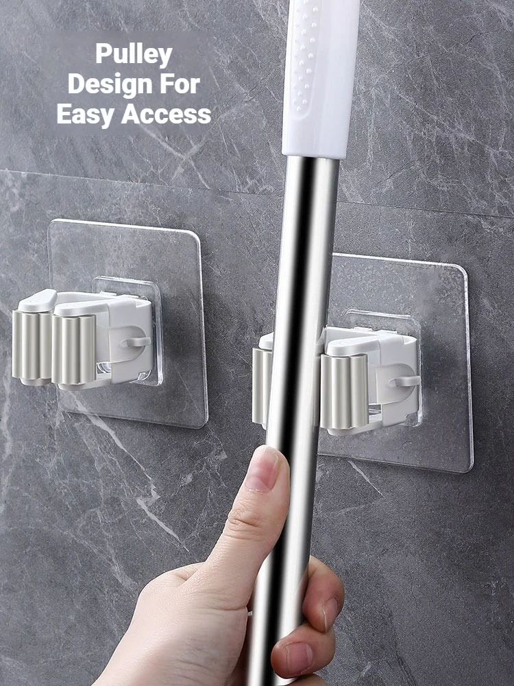 Mop Storage Rack Bathroom Suction Hanging Pipe Traceless Mop Clip Broom Hanger Wall Mounted Waterproof Mop Holder Self Adhesive