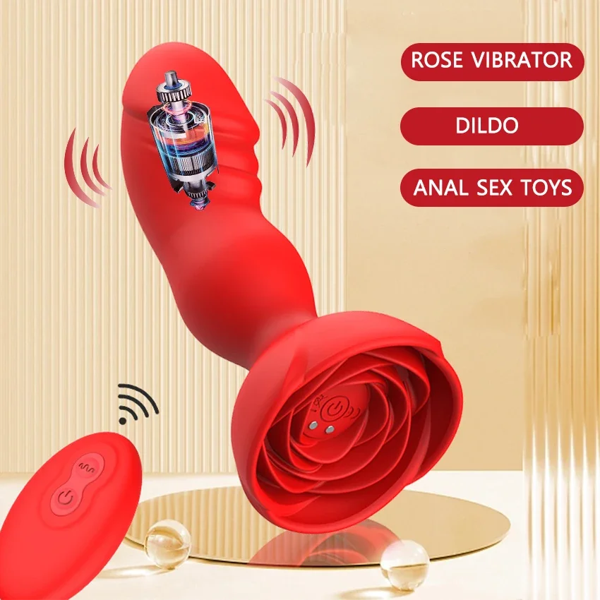 Rose Vibrator for Women Dildo Anal Sex Toys Remote Control Butt Plug 10 Speed Vibrating Men Prostate Massage Silicone Stimulator