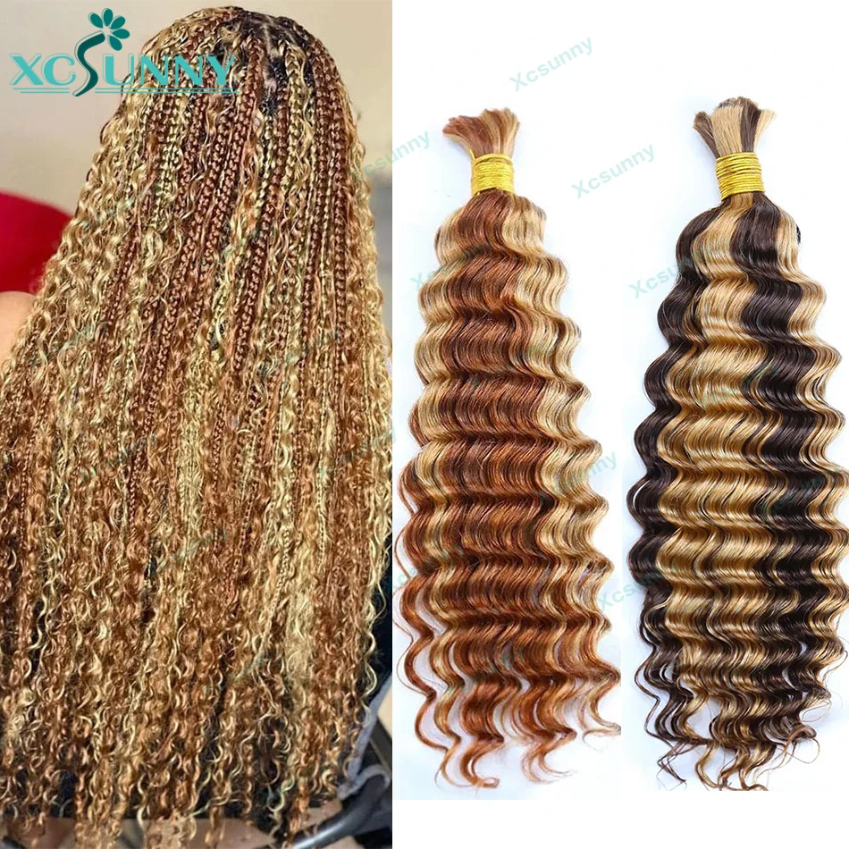 

Deep Wave Bulk Human Hair For Braiding 27 30 4 Highlight Double Ends Bundles No Weft Extensions Bulk Human Hair For Boho Braids