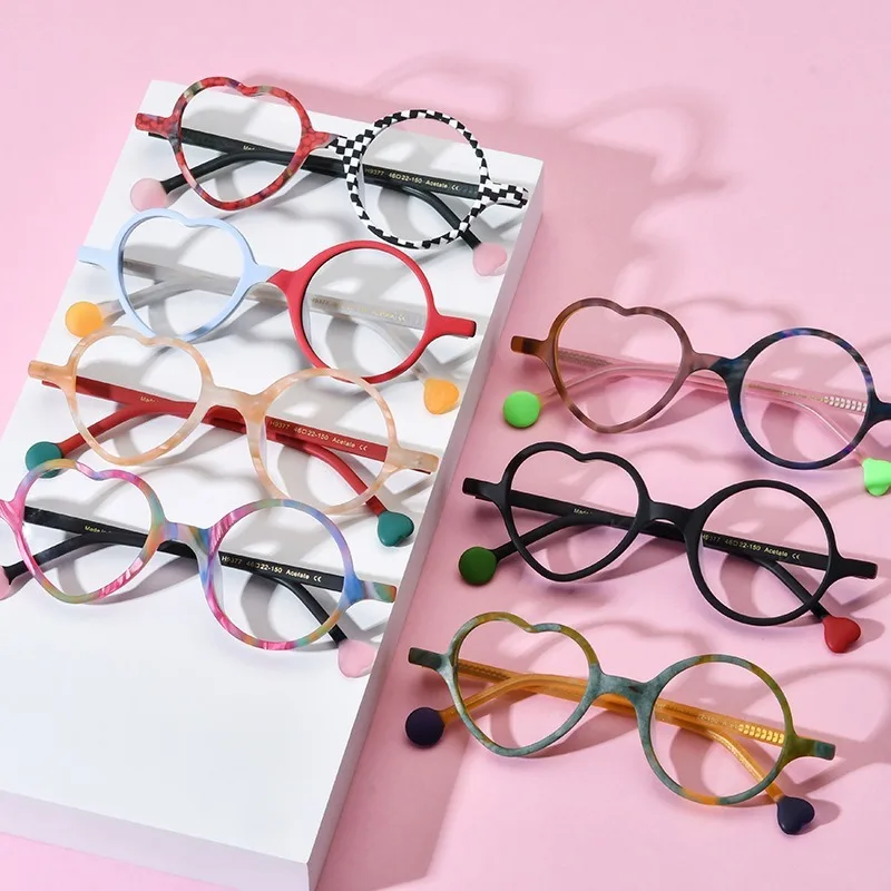 Multi-color Spliced Heart Shape Matte Acetate Eyeglass Frame for Men Women,  Prescription Optical Frame With Demo Lenses