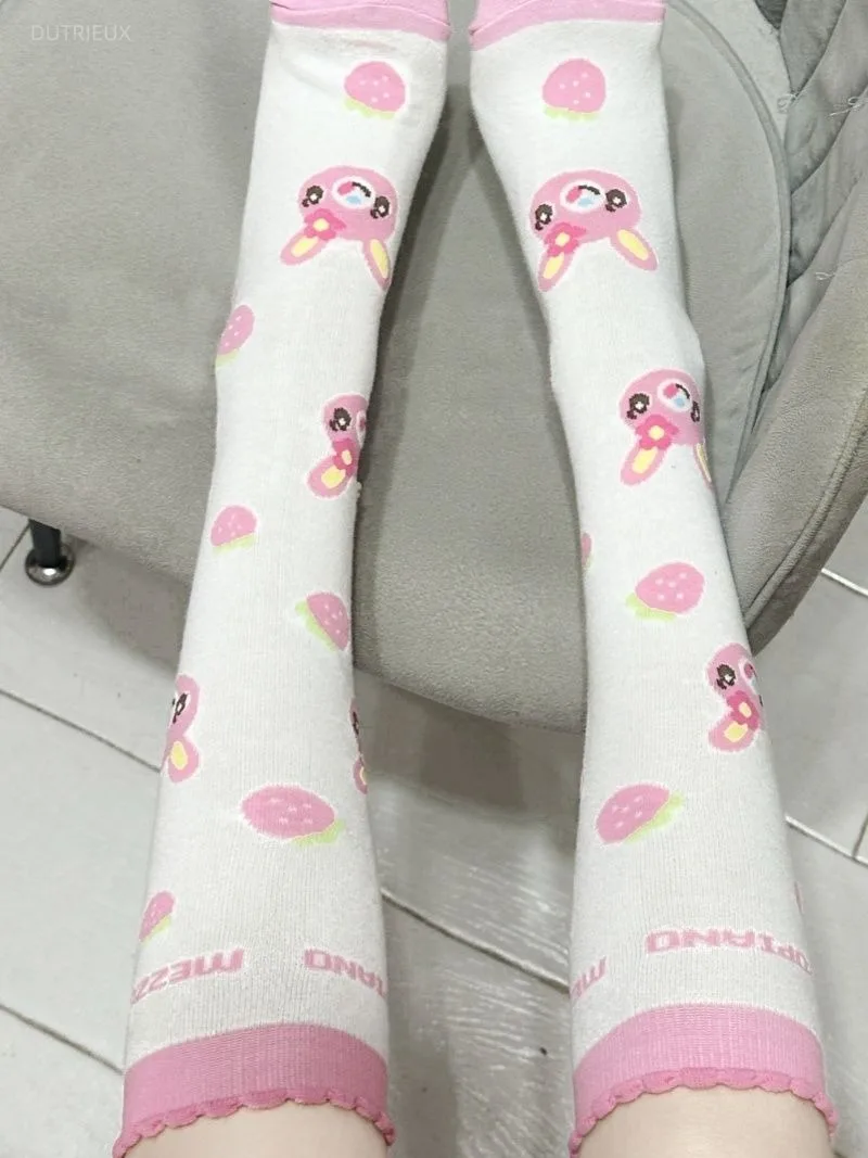 Japanese Preppy Style All Match Cartoon Print Long Stocking Harajuku High Street Constrast Color Women Socks Y2k Aesthetic Sock
