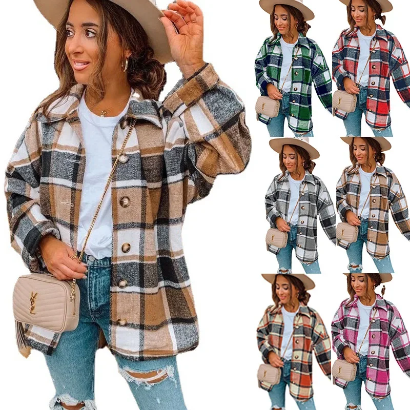 

2025 Women's New Spring Autumn Jacket Lapel Plaid Single-breasted Sport Coats Women's Long Woolen Jacket Tops Women's Clothing