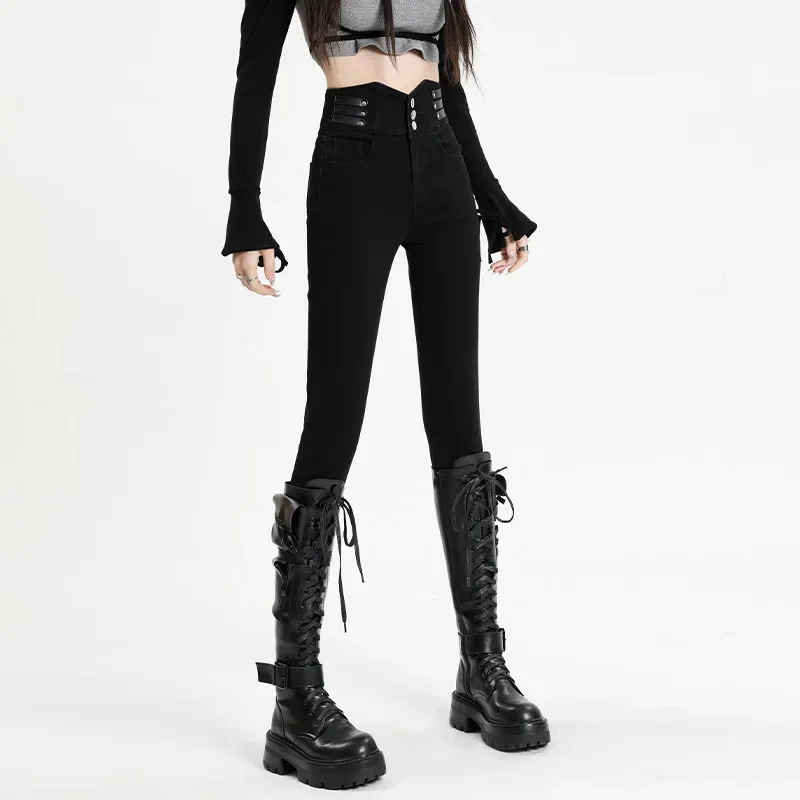 الشتاء الدافئة الجينز المرأة الصوف سميكة تمتد نحيل سروال رصاص عالية الخصر ضئيلة الأزياء الكورية المخملية الجينز أسود أزرق