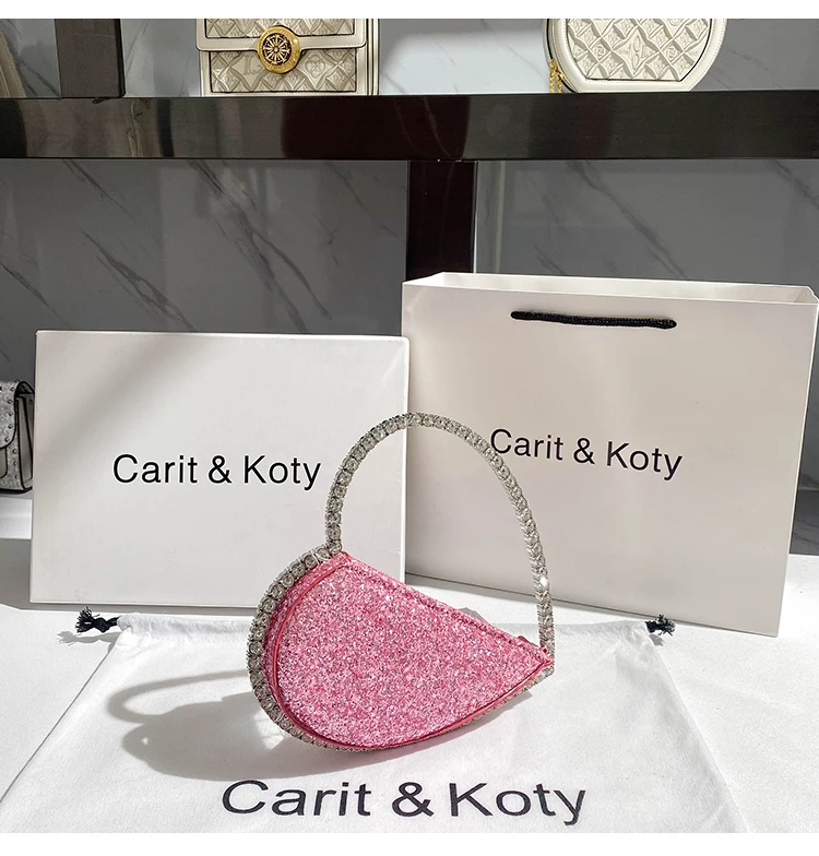 Glitter Sequins Heart-Shaped Fashion Women Handbag Crystal Shiny Rhinestones Metal Handle Evening Bag Wedding Party Clutch Purse