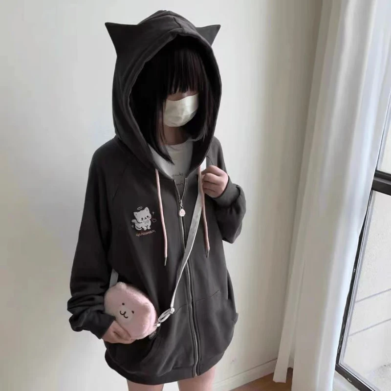 Korean Style Gray Solid Harajuku Hoodies Women Casual Loose Y2k Cuteore Girls Cartoon Embroidery Zipper Hoodes Sweatshirt 2024