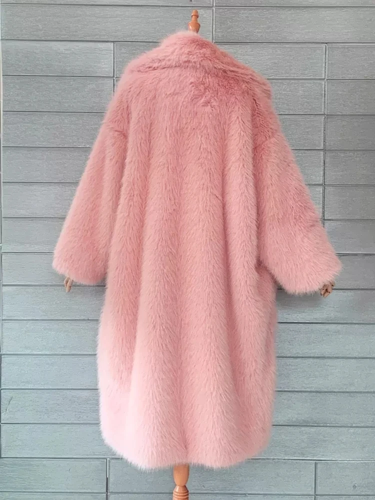 Abrigo largo de piel sintética para mujer, chaqueta de gran tamaño, rosa, grueso, cálido, suave, peludo, esponjoso, bolsillos, solapa, suelto, moda