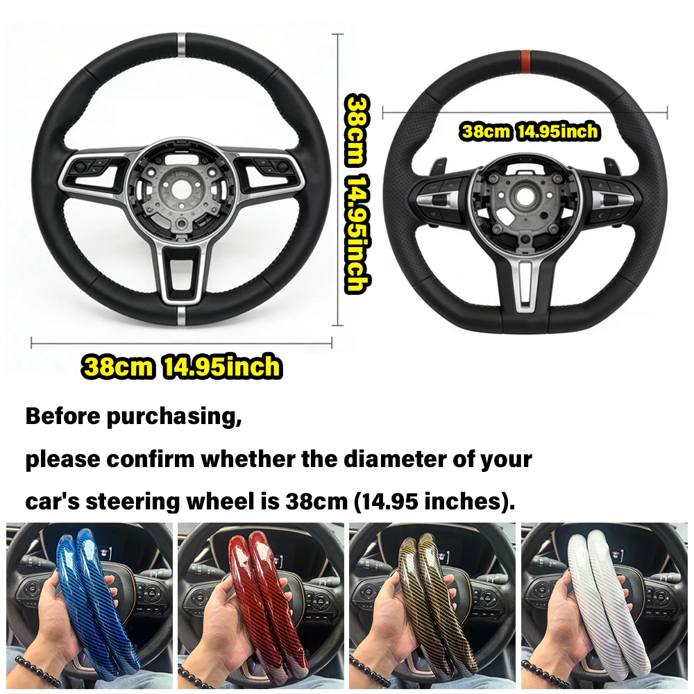 2PCS Round Car Steering Wheel Cover Blue Modification Glossy Carbon Fiber Texture Interior Decoration Accessories Universal