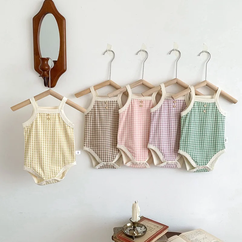 Summer Baby Romper 0-2Years Newborn Boy Girl Sleeveless Strap Plaid Bodysuit Cotton Playsuit One-Pieces Outfits Infant Clothes