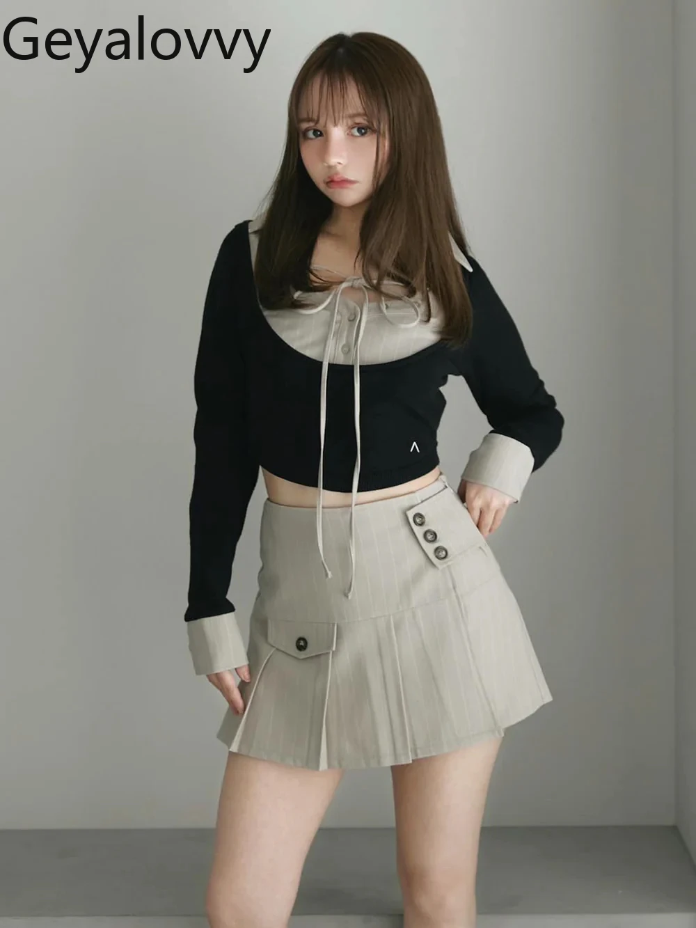 

Japanese Autumn Winter Lace-up Lapel Long-sleeved Blouse Tops and High-waisted Slim-fit Striped Short Skirt Two-piece Suit