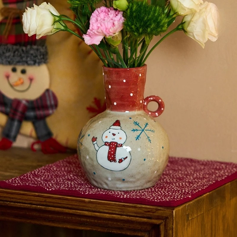 New Vintage Hand-painted Christmas Snowman Vase Coarse Pottery Christmas Tree Flower Device Sophisticated Altos Flower Pot