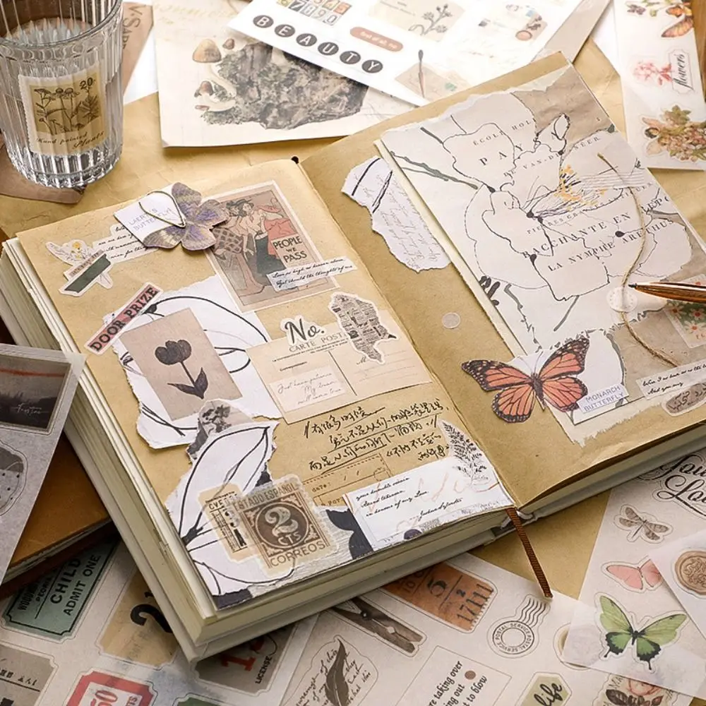 

Waterproof Vintage Stationery Stickers PET Decorative Adhesive Plant Series Stickers Butterfly Flowers Cartoon