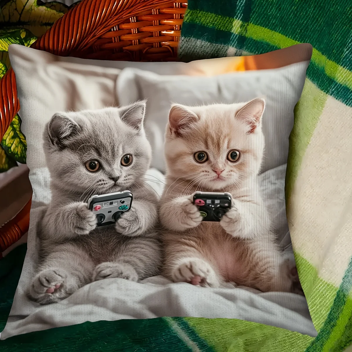 1pc Cute Gaming Cat Pillow Cover 45X45cm Cozy Decorative Cushion with Game Controller Kittens Polyester Fiber Pillowcase Decor