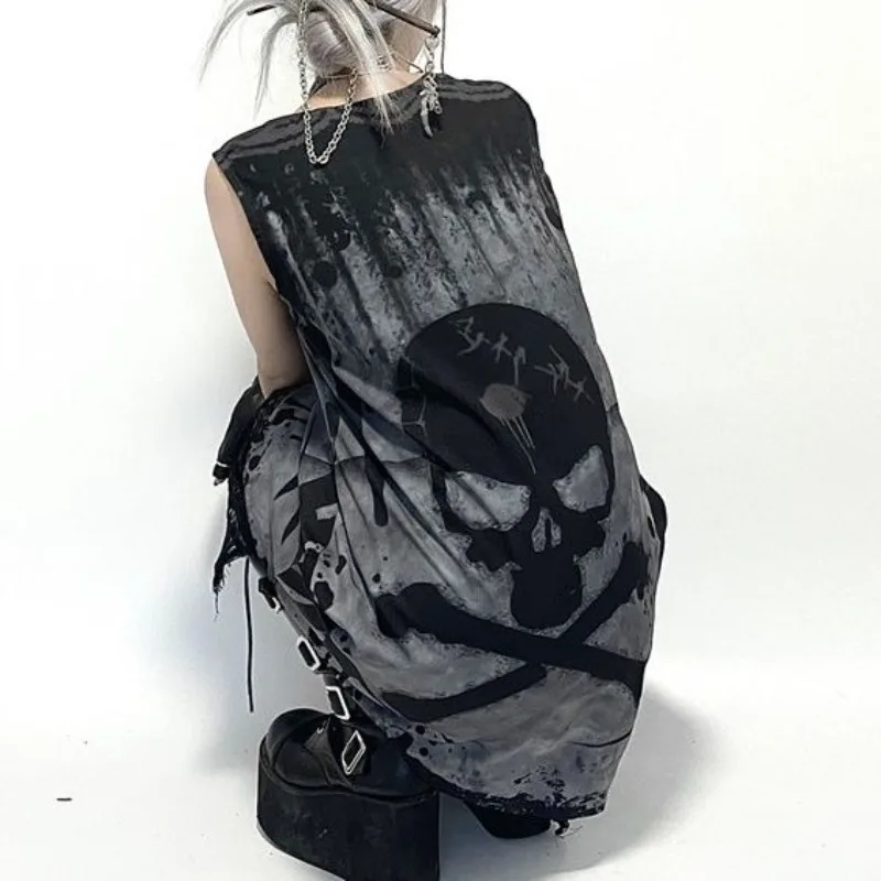 Subcultural American High Street O Neck Sleeveless Dresses Gothic Skull Print Vintage Harajuku Women Dress Y2k Aesthetic Clothes