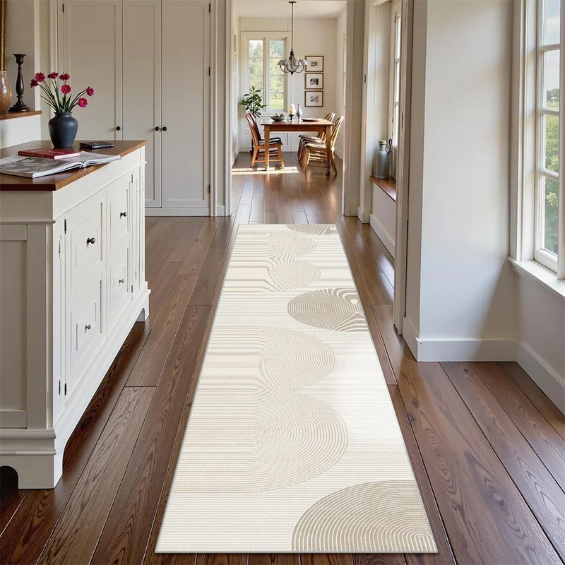 VIKAMA Modern Arch Runner Rug Minimalist Geometric Long Hallway Carpet Cream Beige Line Non Slip Washable Soft Mat Kitchen Decor