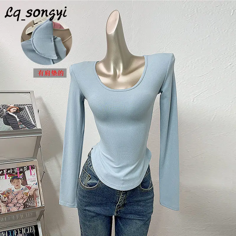 

Lq_songyi Slim Fit T Shirts Women High Strech T Shirt with Shoulder Pads Basic Spring Elegant Sexy Long Sleeve Solid U Neck Tops