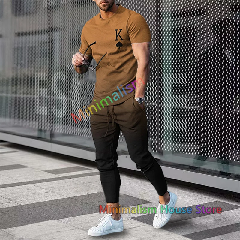 Summer Sportwear Suit Solid Color Short Sleeve T Shirt Long Pants Sets Men Tracksuit K Print 2 Piece Outfits Oversized Clothes