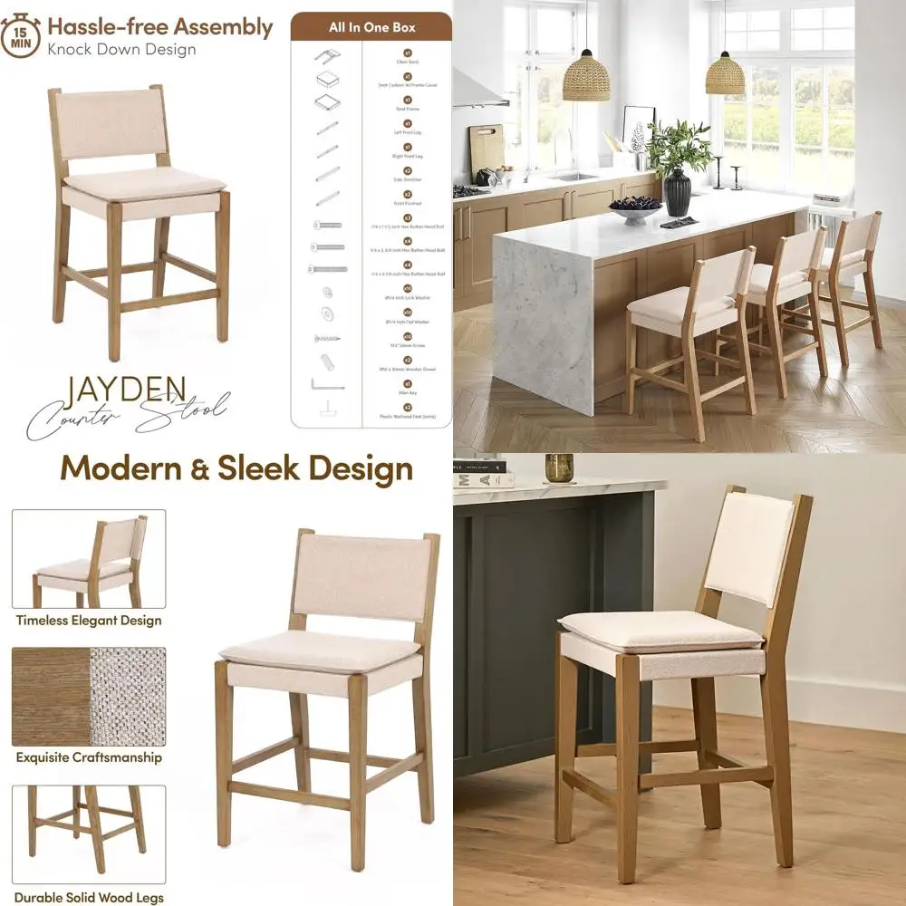 

Mid-Century Modern 36 Counter Stools with Natural Flax Upholstery, Solid Rubberwood Legs, and Light Brown Finish for Kitchen, Di