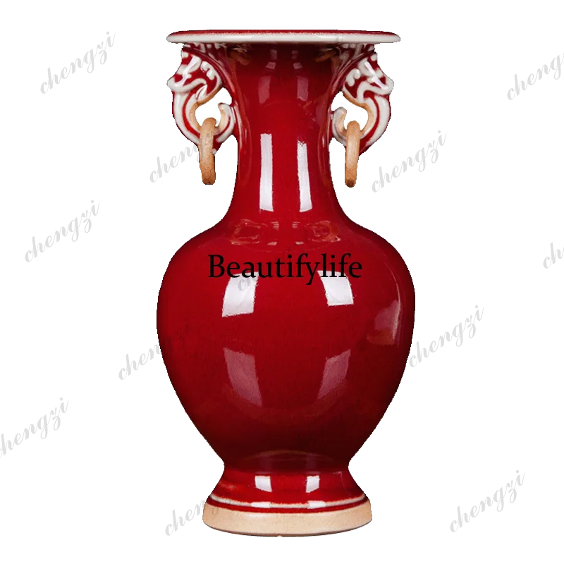 Living room home decoration Jingdezhen ceramics antique Jun porcelain Lang Hong binaural kiln vase