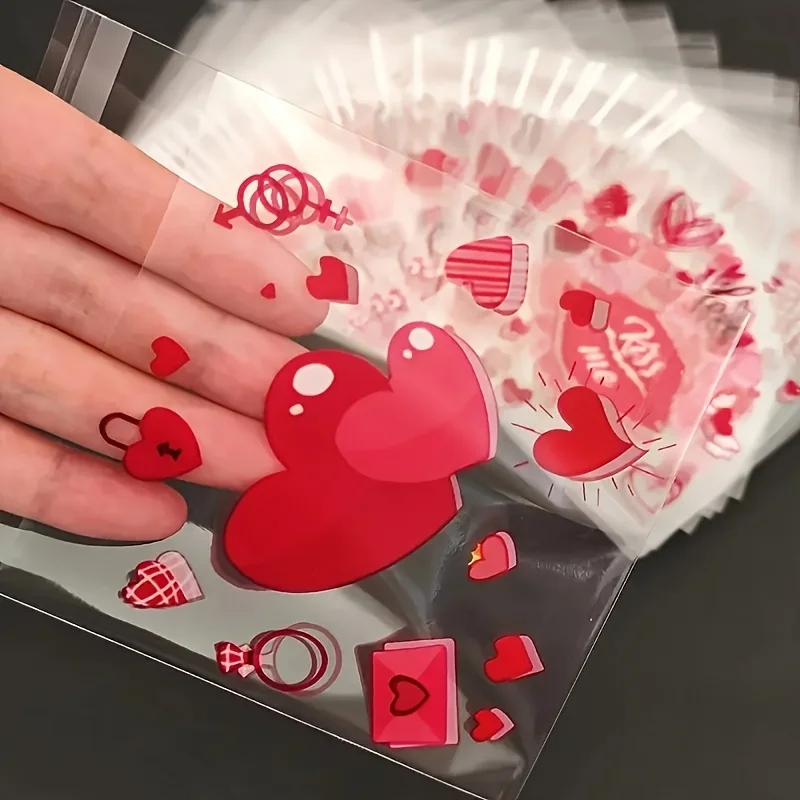 100pcs Red Heart Kiss Me Printed Gift Decoration OPP Bags, Valentine's Day Wedding Theme Party Couple Lover's Gift Decor Bag