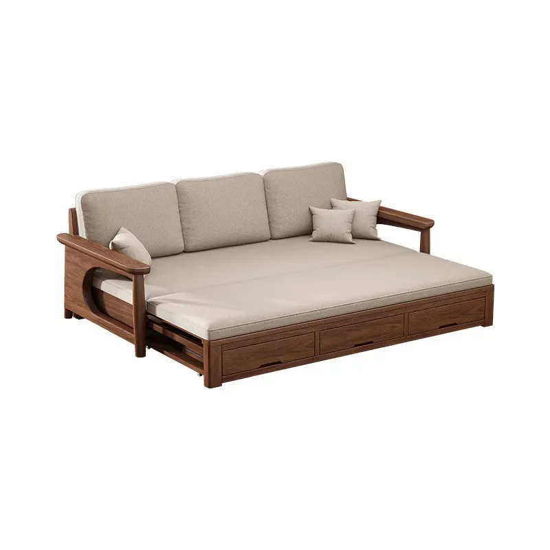 Black Walnut Solid Wood Sofa Bed Folding Convertible Couch with Drawer Storage Telescopic Dual Purpose Sleeper for Small