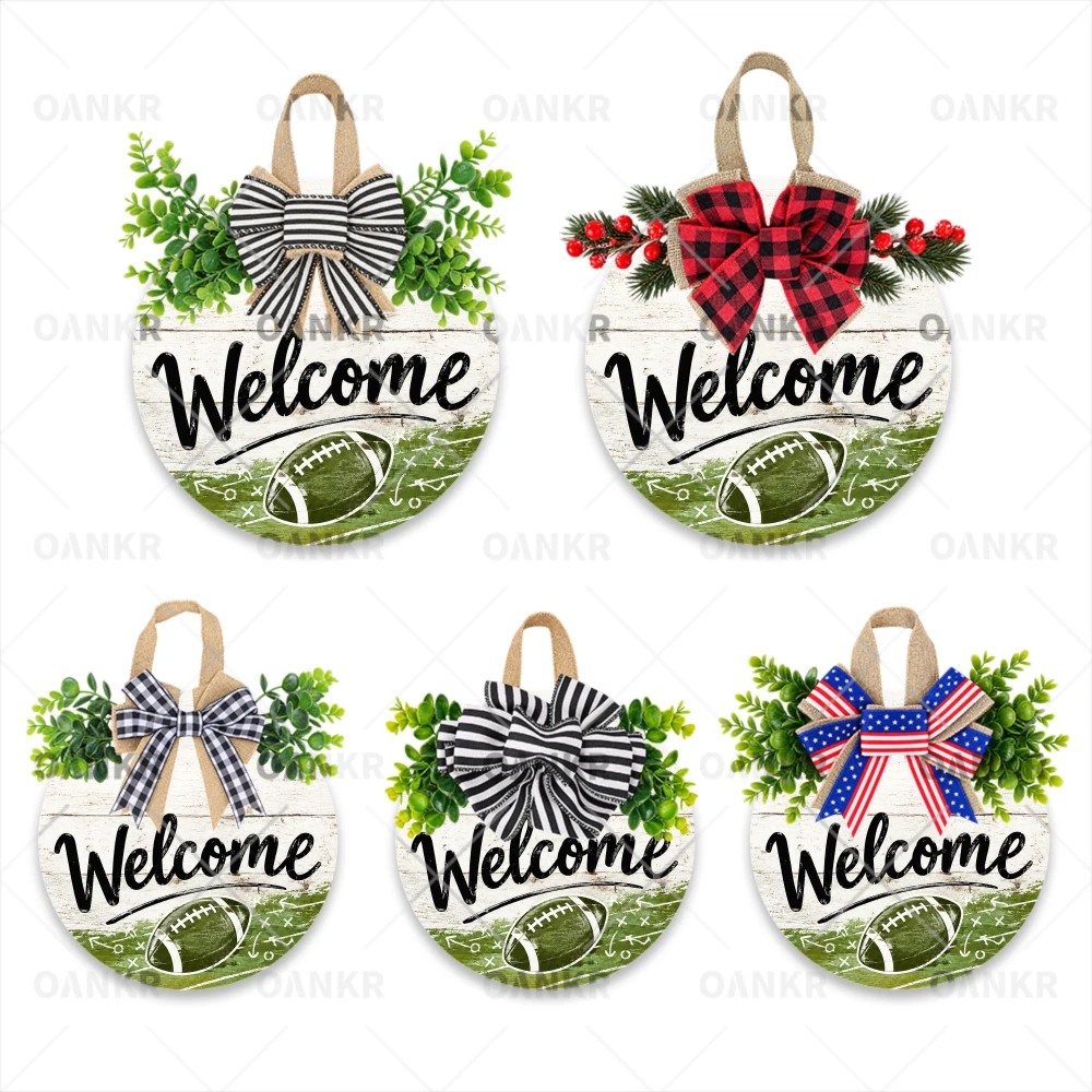 2D Flat, 1 Pack Football Welcome Wooden Door Wreath, Round Football Field Hanging Sign, Available in 5 Bow & Greenery Styles, Rustic Farmhouse Front Door Porch Entryway Wall Decor, Ideal Gift for Football Fans, Decorative Signs & Plaques, 12x12 Inch