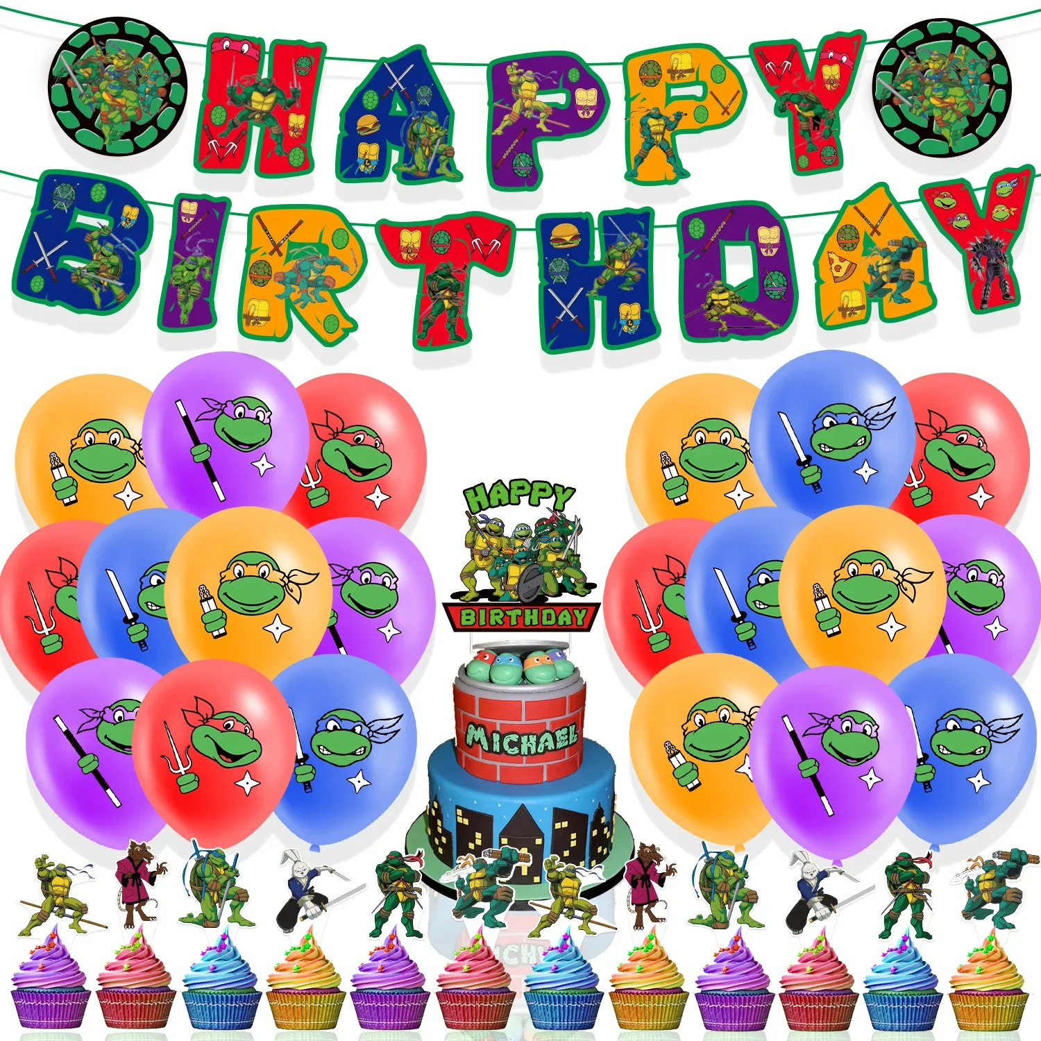 cartoon Teenage Mutant Ninja Turtles Birthday Party Disposable Banner Cake Topper Hanging Flag Balloons Set Birthday Decorations