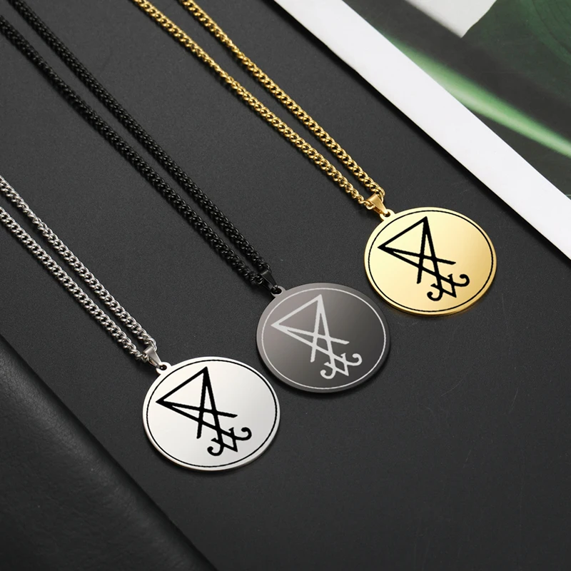 Amaxer Retro Satanism Lucifer's Seal Amulet Round Necklace for Men Titanium Pendant Jewelry