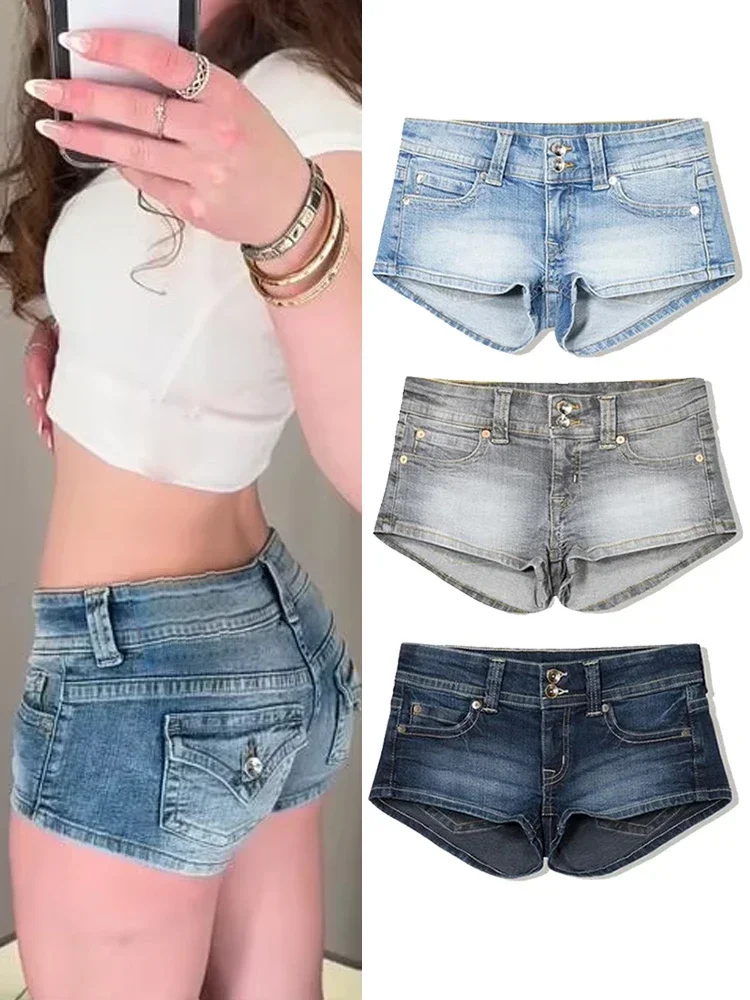Y2K Aesthetic Low Rise Denim Shorts Women Washed Slim Fit Micro Mini Hot Pants Casual Summer Daily Going Out Streetwear