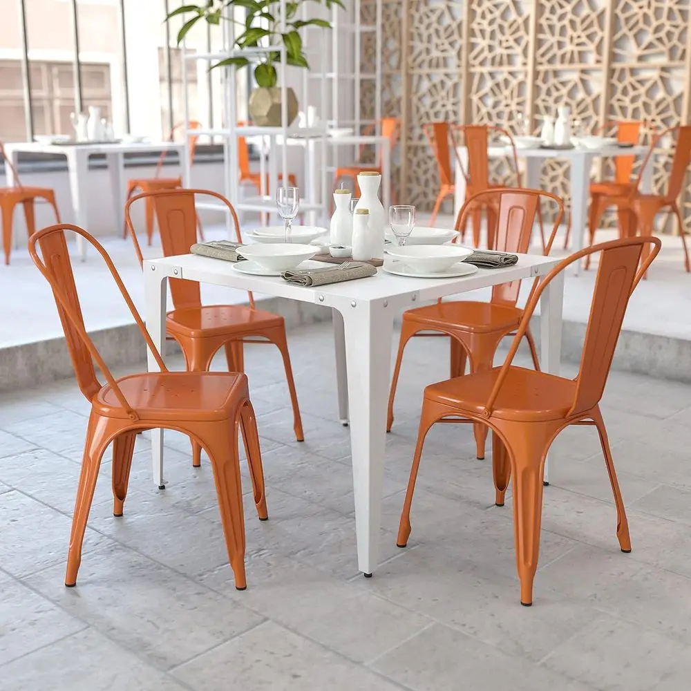 

4 Pack Orange Stackable Metal Chairs - Indoor-Outdoor Restaurant Bistro Furniture