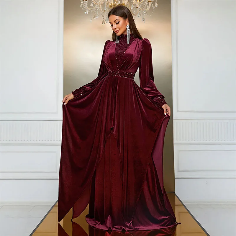 Elegant Velvet Sequined Mother Of The Bride Dresses  A-Line high Neck Empire  luxury Long Sleeve Birthday party Evening Gowns