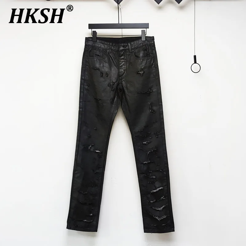 

HKSH Spring Summer New Man Tide Dark Fashion Streetwear Damage Waxed Denim Pants Coating Holes Washed Slim Tide Y2K Jeans HK4960