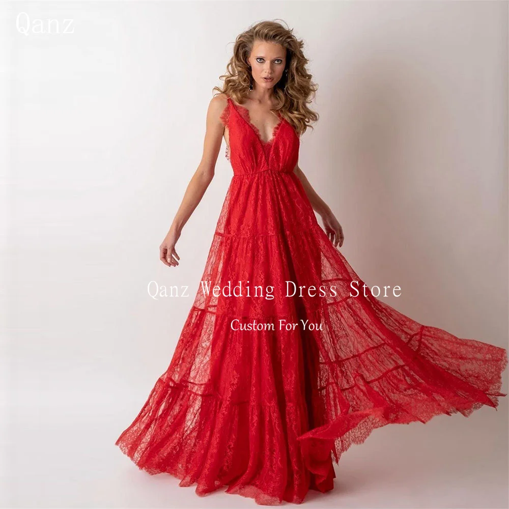 

Qanz Luxury Lace Evening Dresses Spaghetti Straps Floor Length Elegant Dresses for Women Wedding Party Long Vestidos De Fiesta