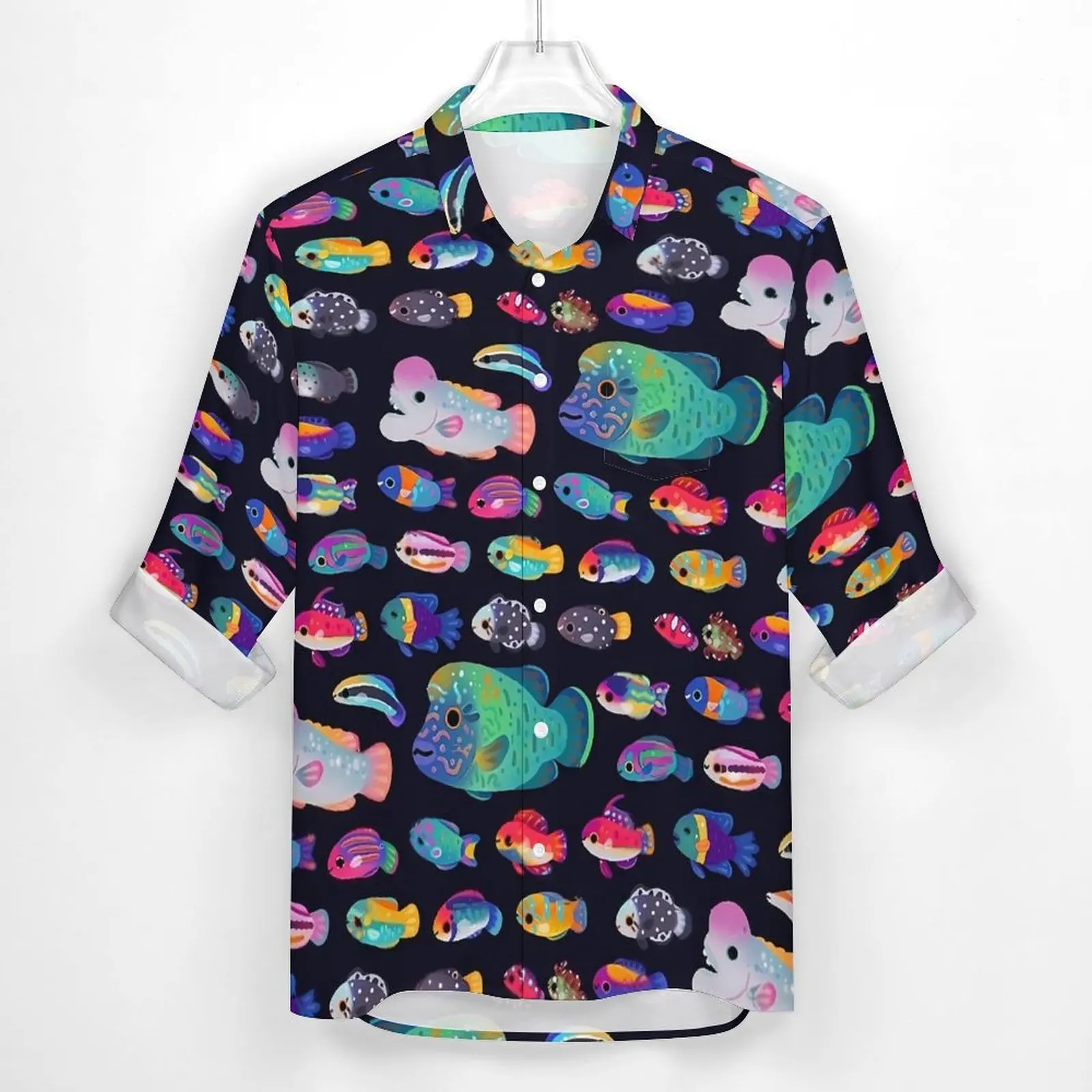 Tropical Marine Shirt Male Colorful Fishs Print Casual Shirts Autumn Streetwear Blouses Long Sleeve Trending Oversized Tops