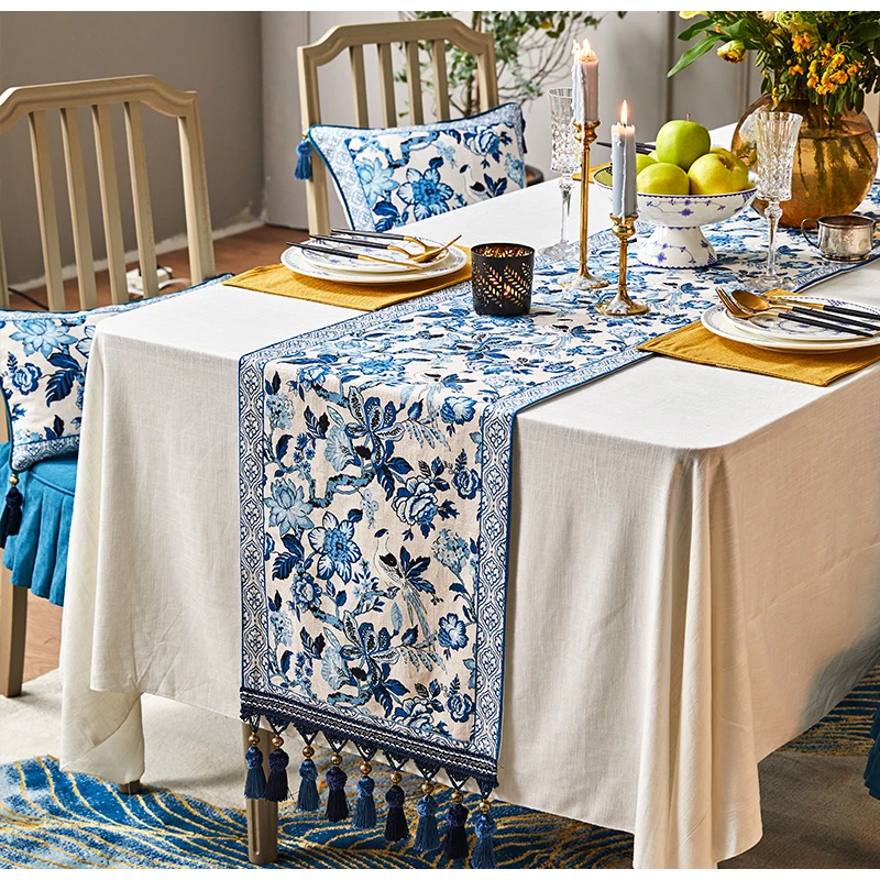 Medicci Home Blue And White Porcelain Floral Dining Table Runner With Tassel Luxe Chinoiserie Vintage Style Coffee Table Dresser