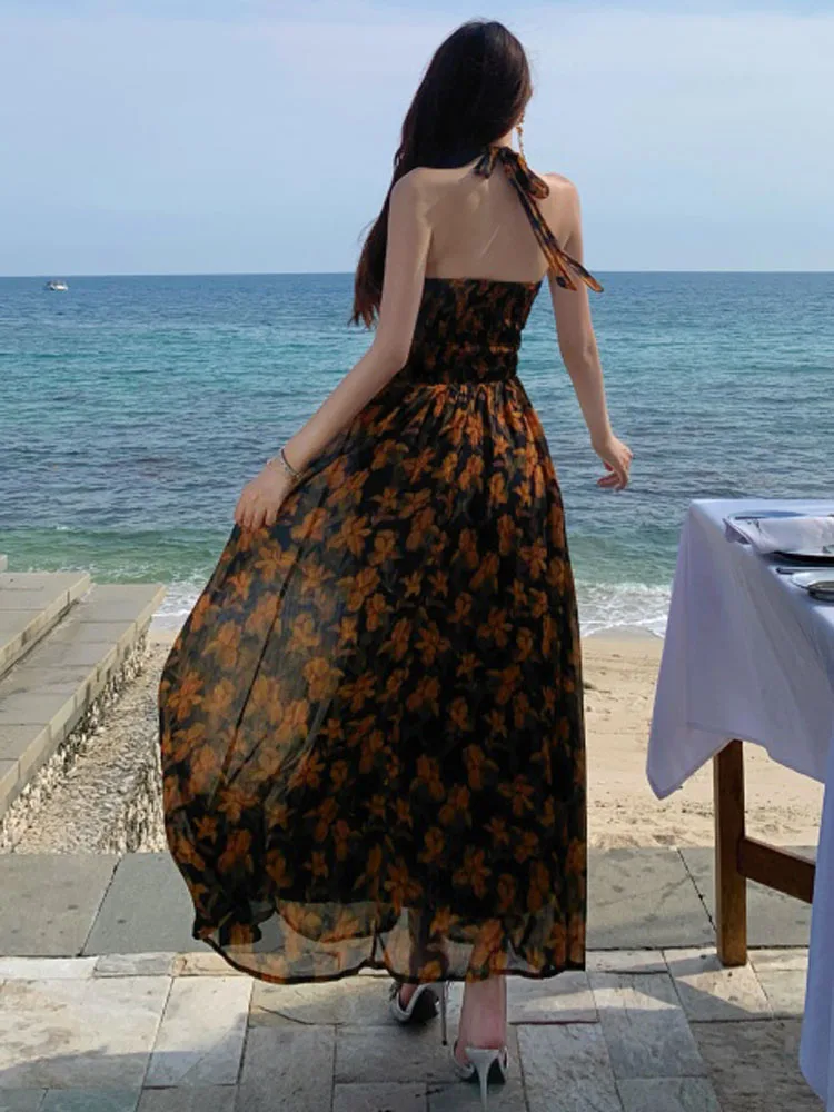 Elegant Boho Dress For Women Sexy Halter Off Shoulder Female Fashion Floral Print Chiffon Slim Beach Party Dress Robe 2025
