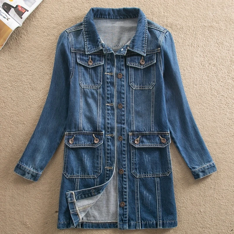 Spring Autumn Women's Denim Jacket Loose Casual Long Sleeve Jeans Outwear Plus Size 6XL Ladies Multi-pocket Windbreaker Coat