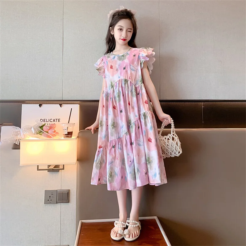 Girls Summer Dress 2024 New CuHK children Korean children\'s Western style floral dress 6-12 years old 15 years old