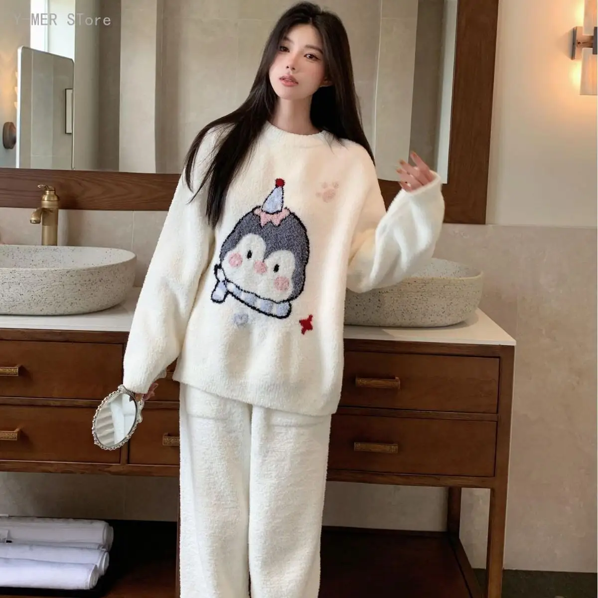Women Autumn Winter Cartoon Half Sided Fleece Pajama Set Round Neck Thick Warm Soft Casual Girls Loungewear Sleepwear Suit